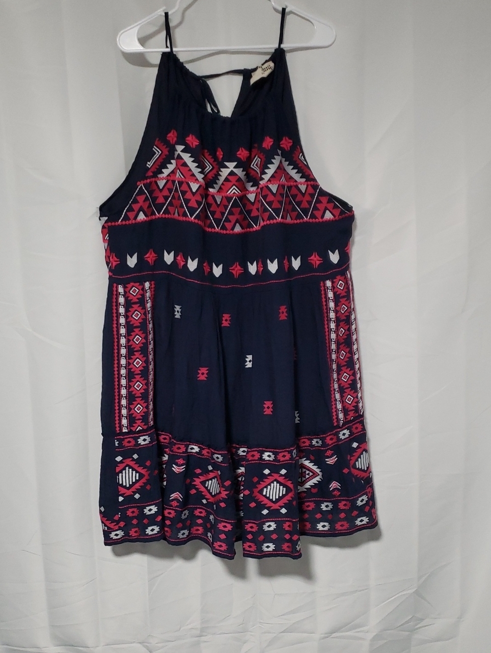 Savanna Jane Navy Embroidered Tribal Print Sundress 2X Lined Flowy Straps